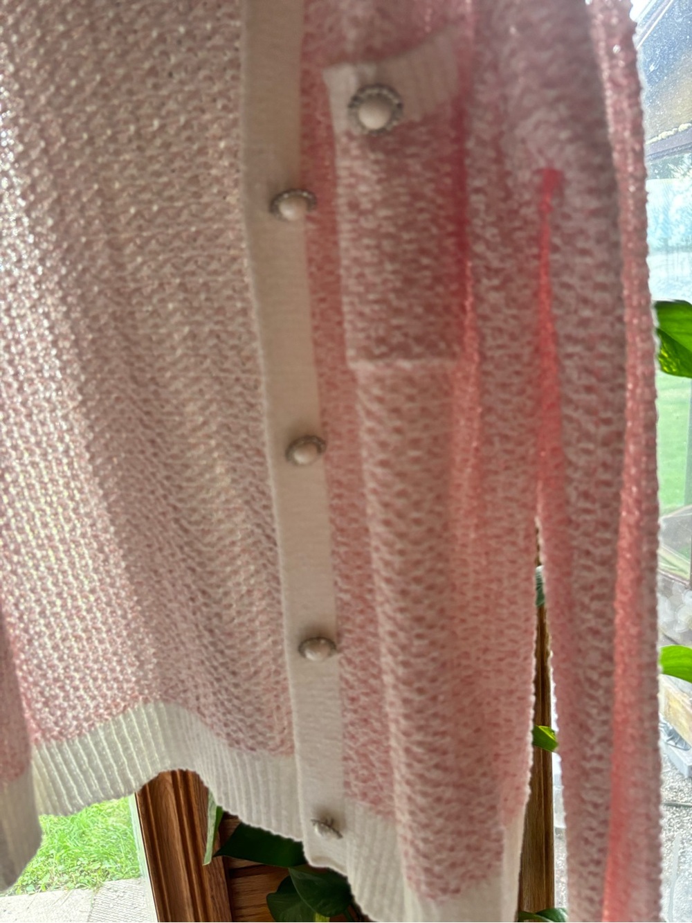 Light Pink Crochet V-Neck Cardigan with Contrast Trim - Picture 6 of 6